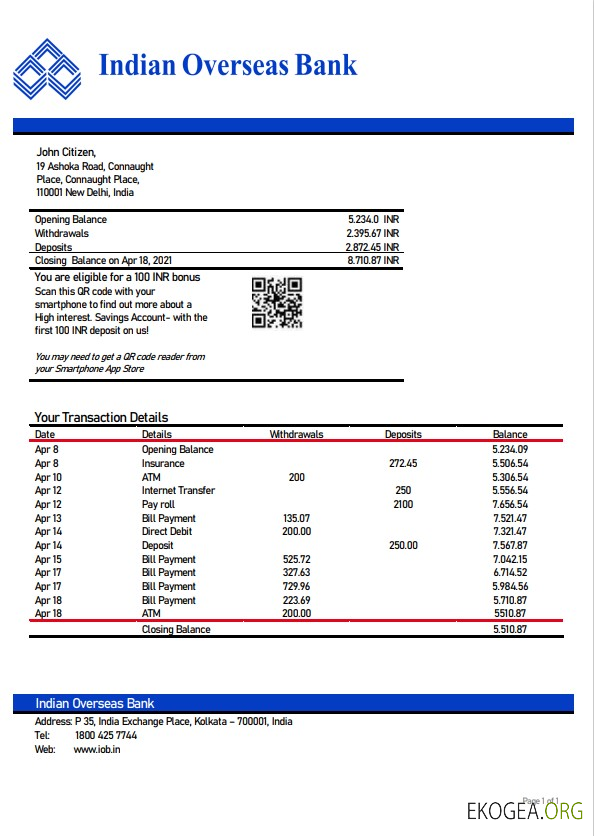Modèle de relevé de compte d'une banque indienne à l'étranger, format Word et PDF